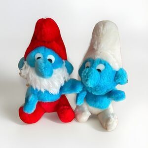 (2) Vintage 80s Smurfs Plush Toys Original 1980's TV Cartoon Series